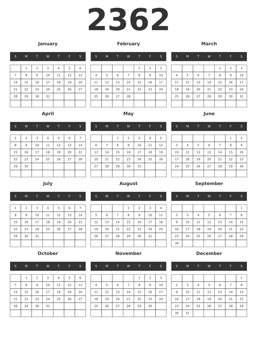 Printable 2362 Year Calendars dark