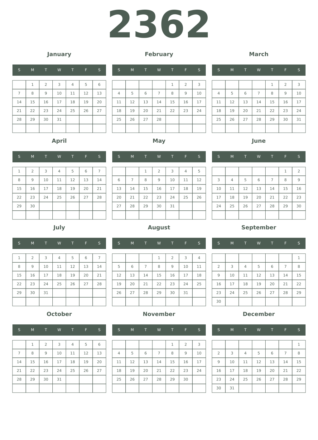 Printable 2362 Year Calendars feldgrau