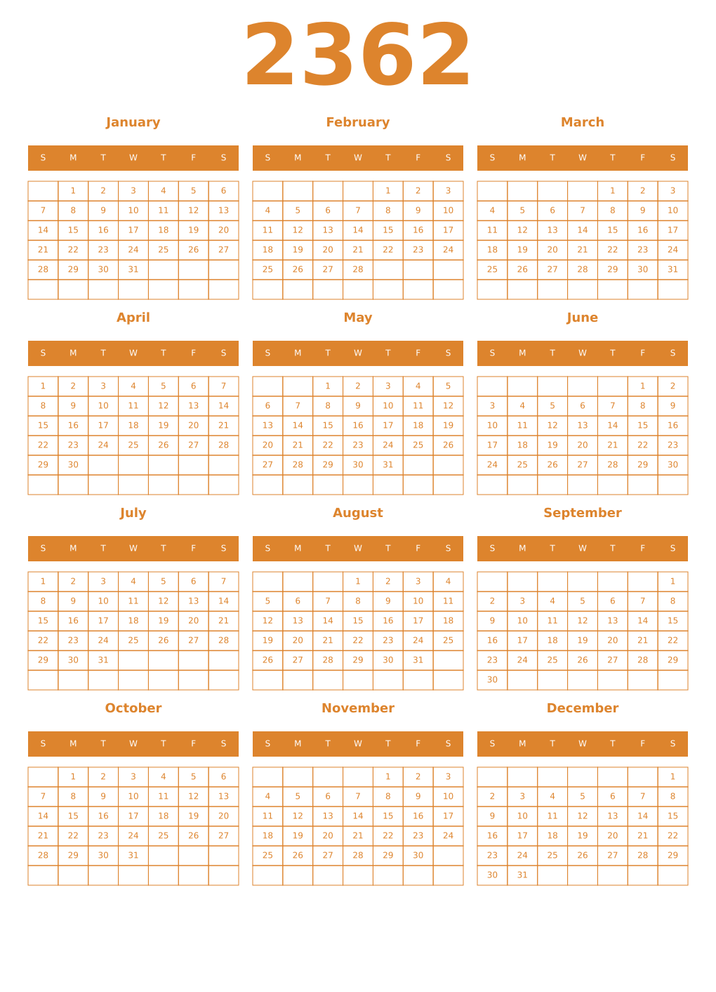 Printable 2362 Year Calendars orange