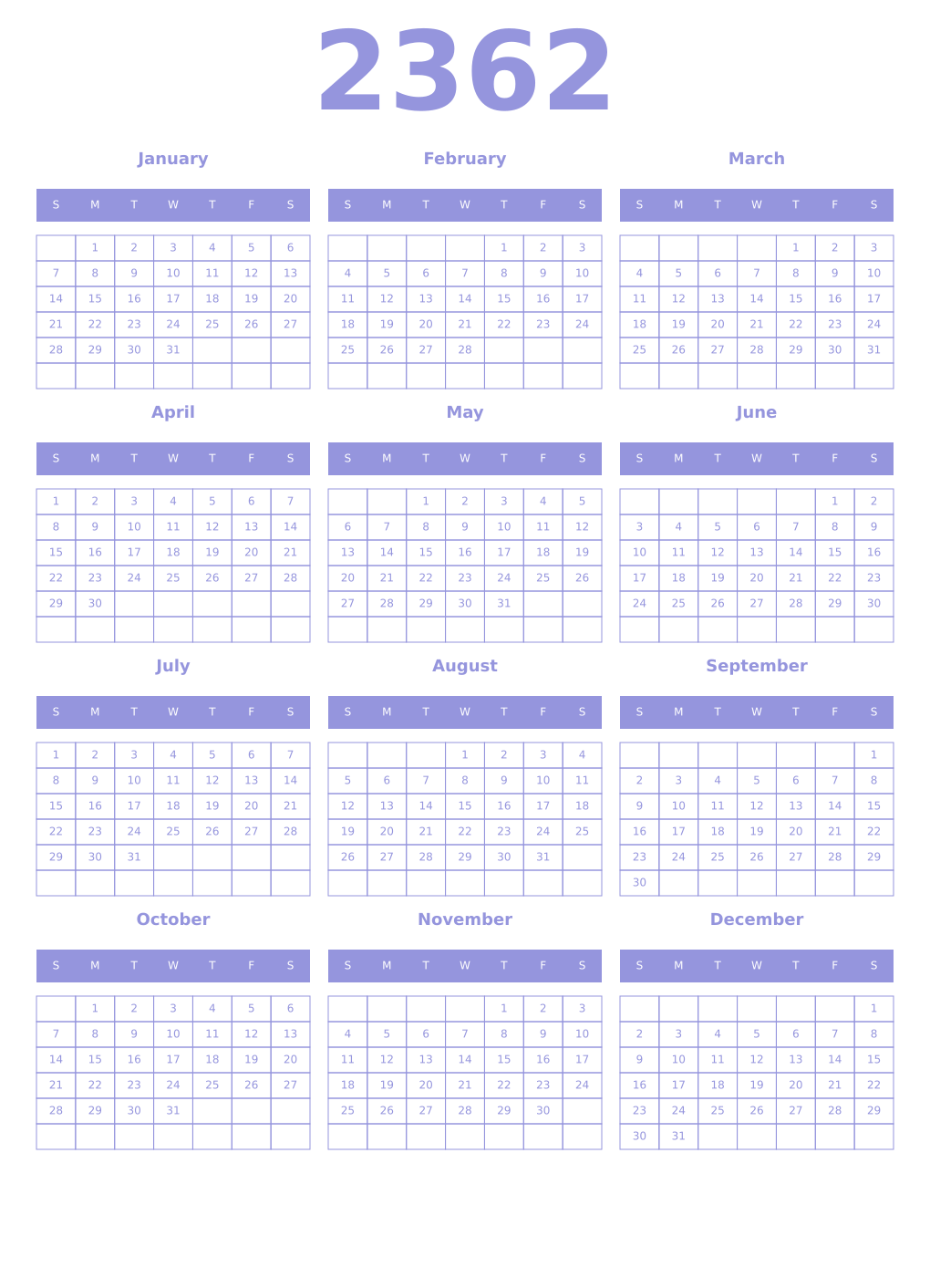 Printable 2362 Year Calendars periwinkle