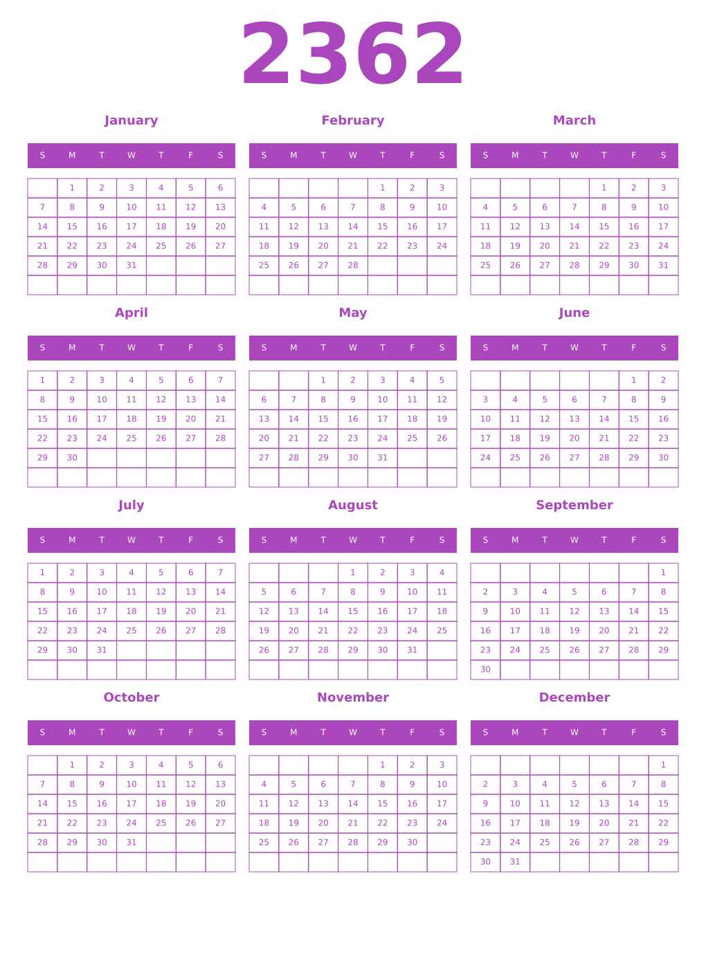 Printable 2362 Year Calendars purple