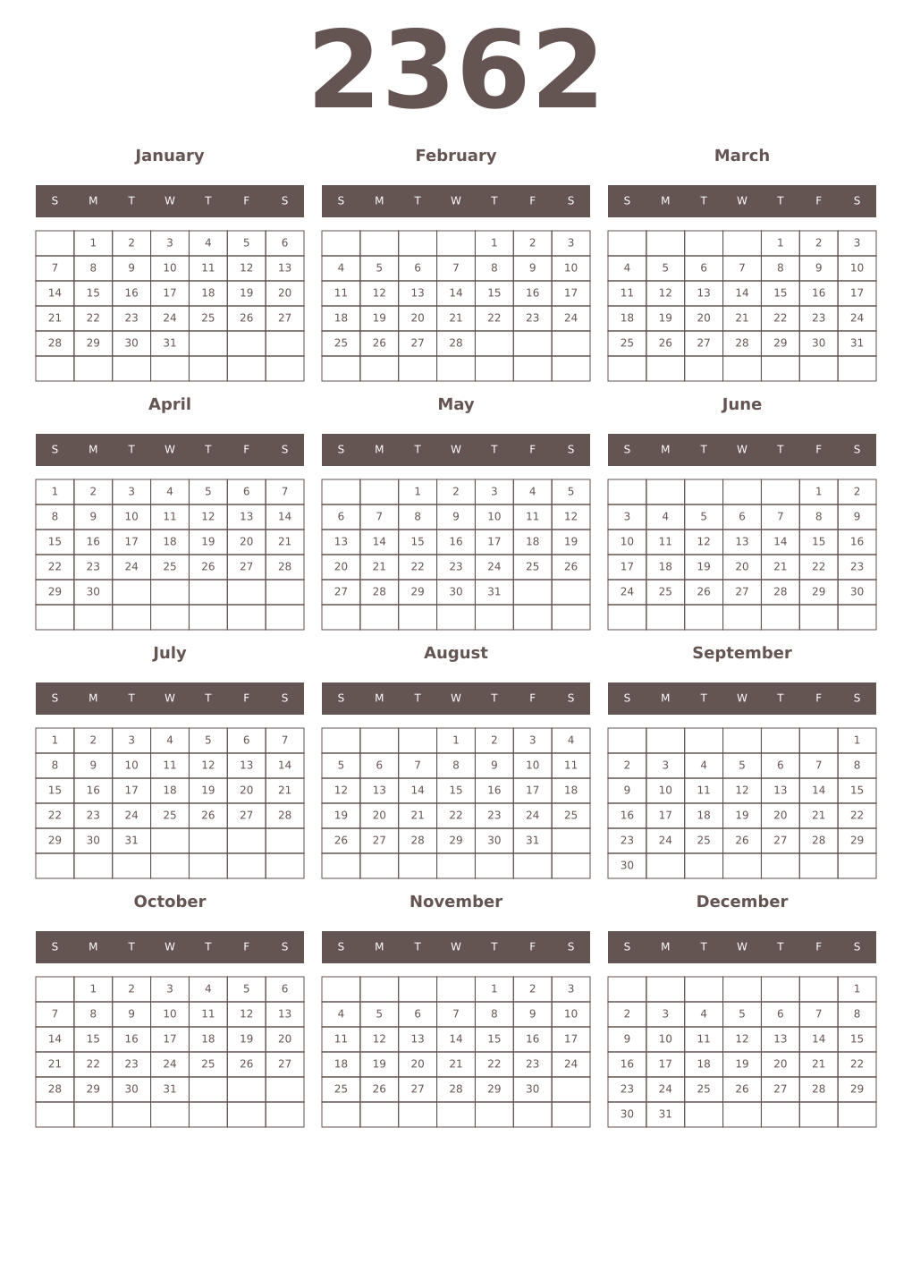 Printable 2362 Year Calendars wenge