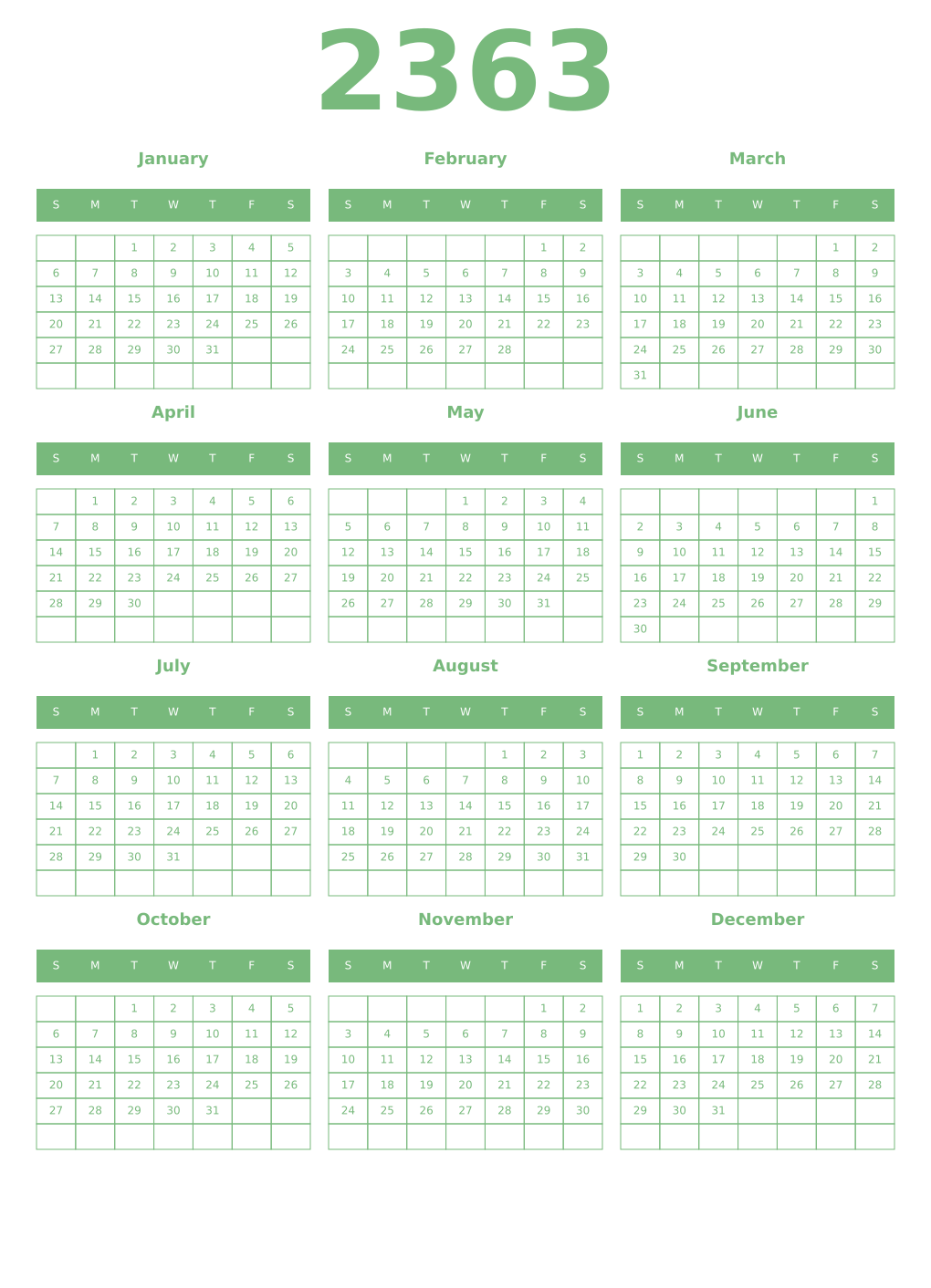 Printable 2363 Year Calendars celadon