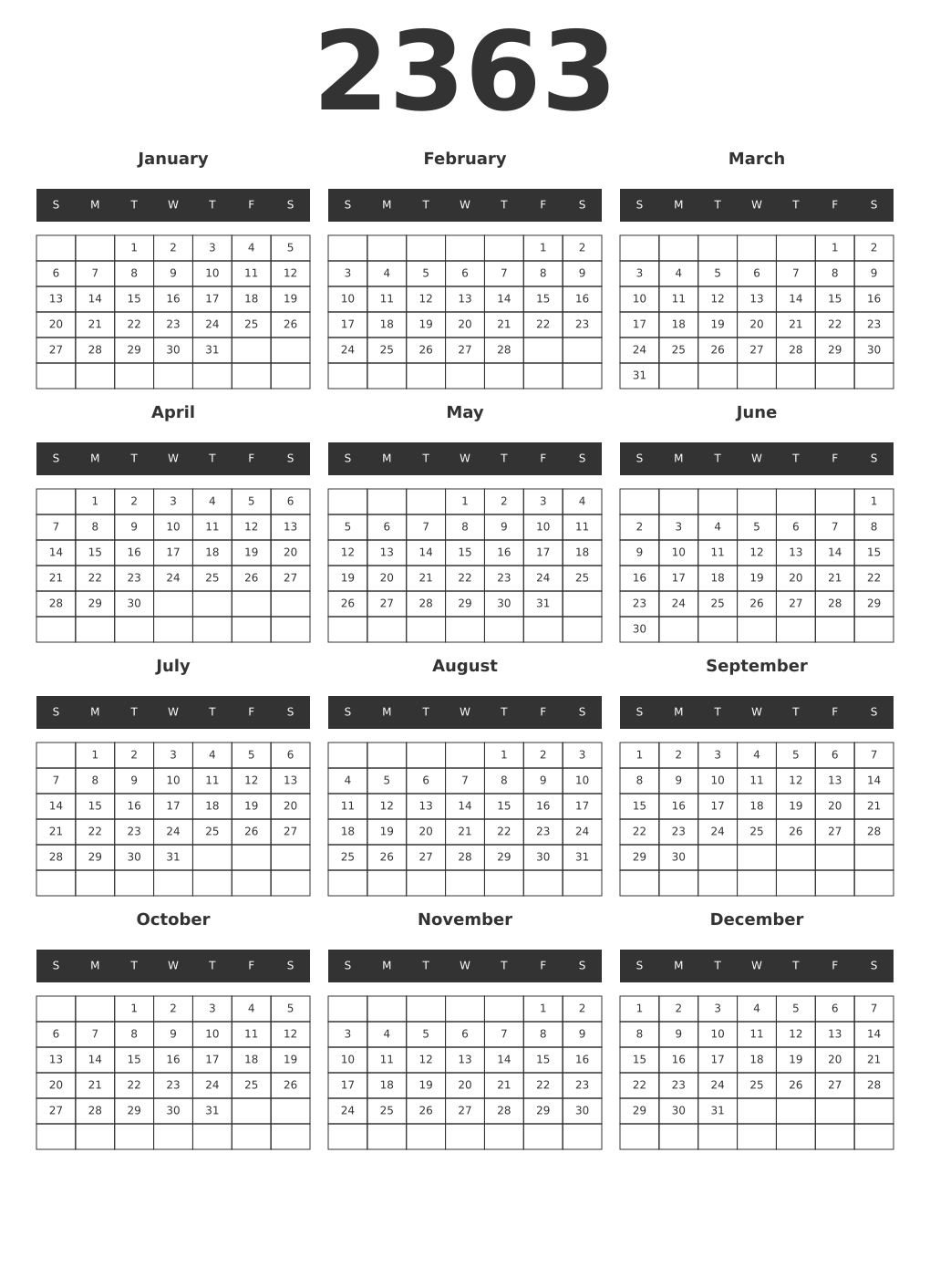 Printable 2363 Year Calendars dark