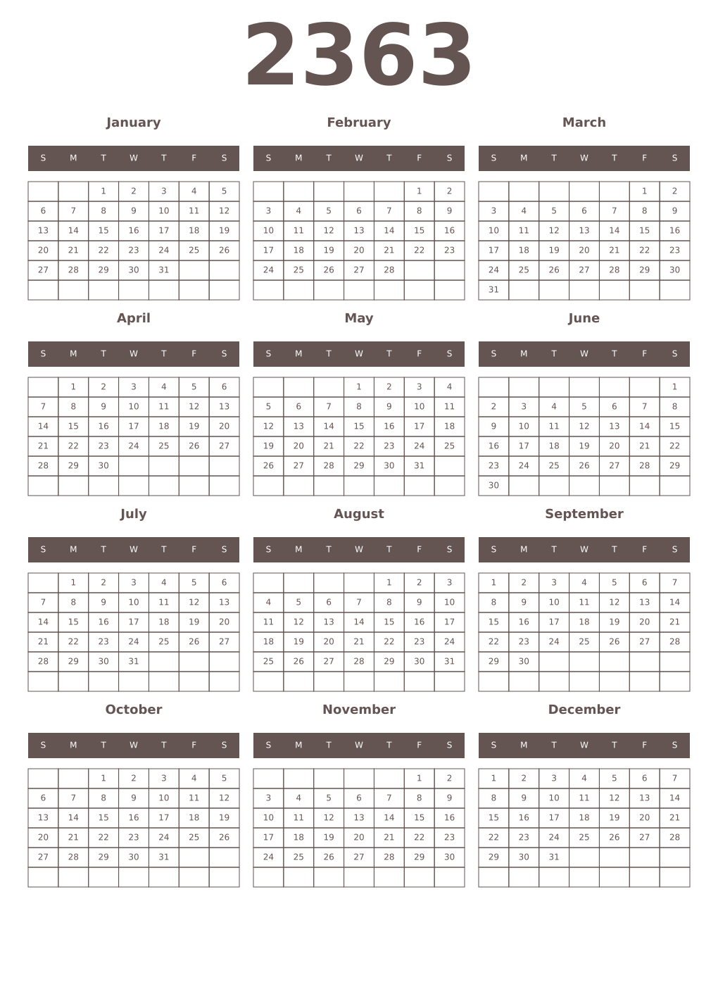 Printable 2363 Year Calendars wenge