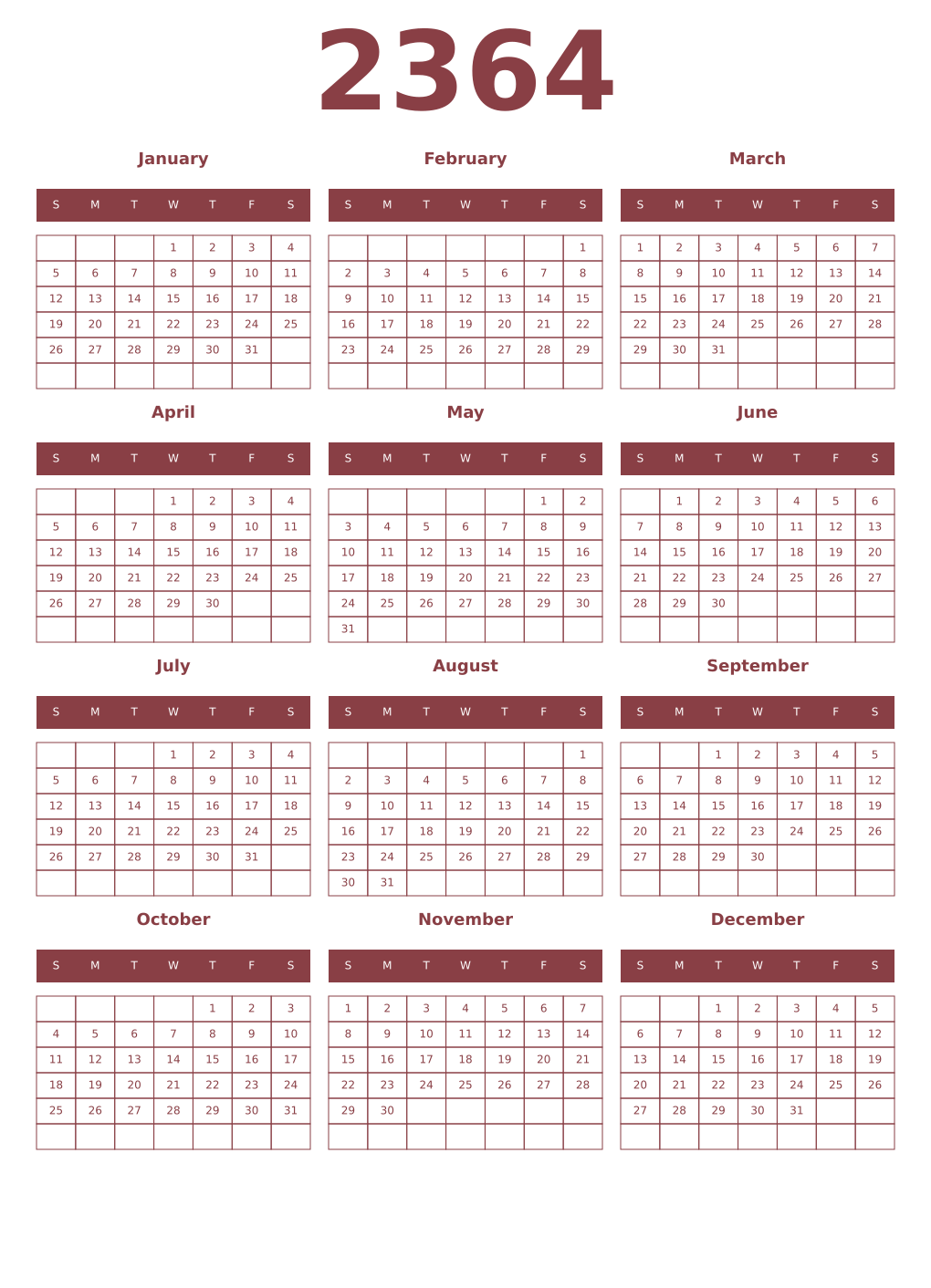 Printable 2364 Year Calendars cordovan
