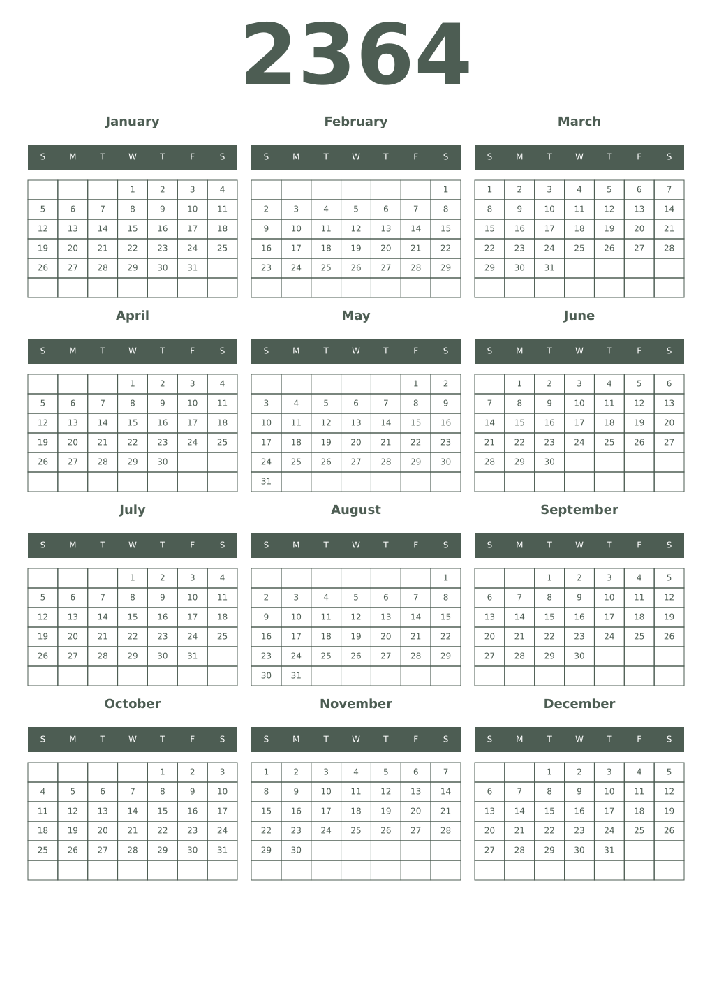 Printable 2364 Year Calendars feldgrau