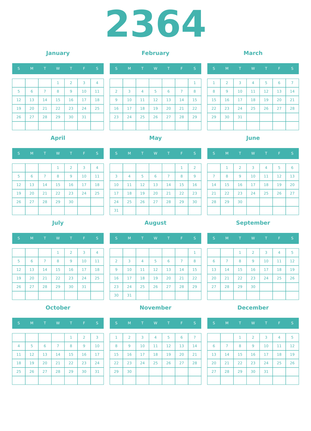 Printable 2364 Year Calendars verdigris
