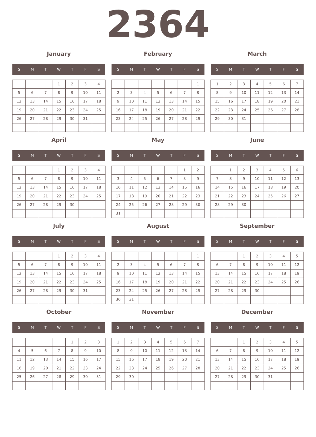 Printable 2364 Year Calendars wenge