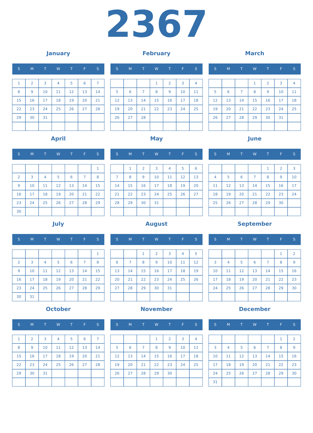 Printable 2367 Year Calendars blue