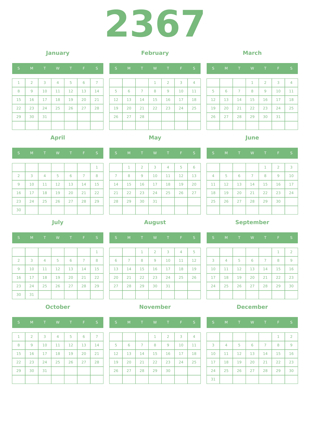 Printable 2367 Year Calendars celadon