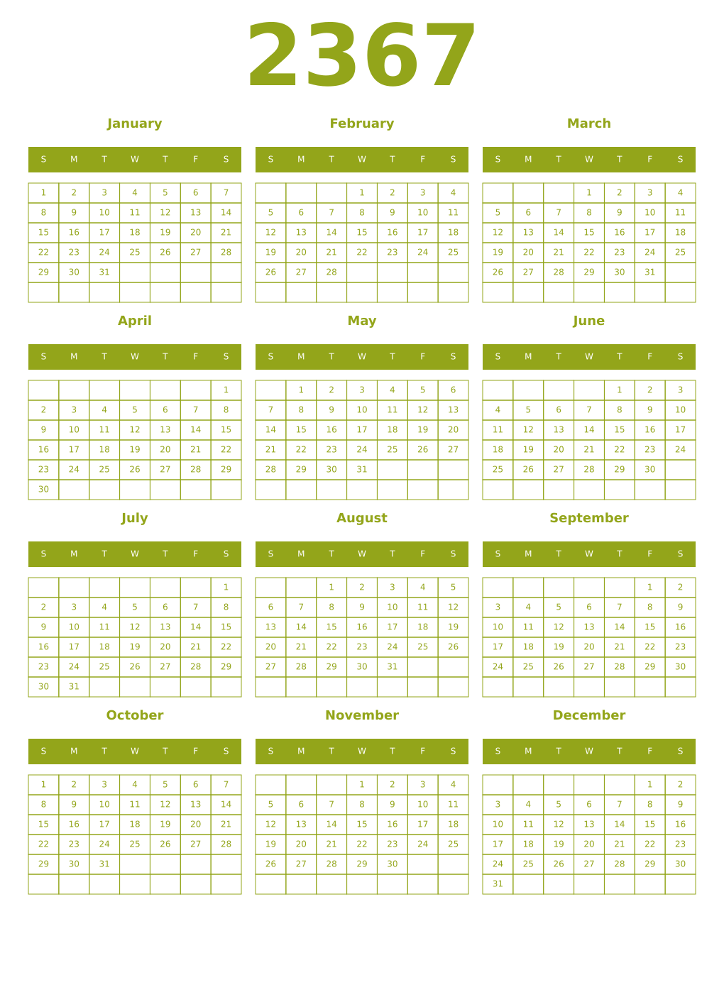 Printable 2367 Year Calendars chartreuse