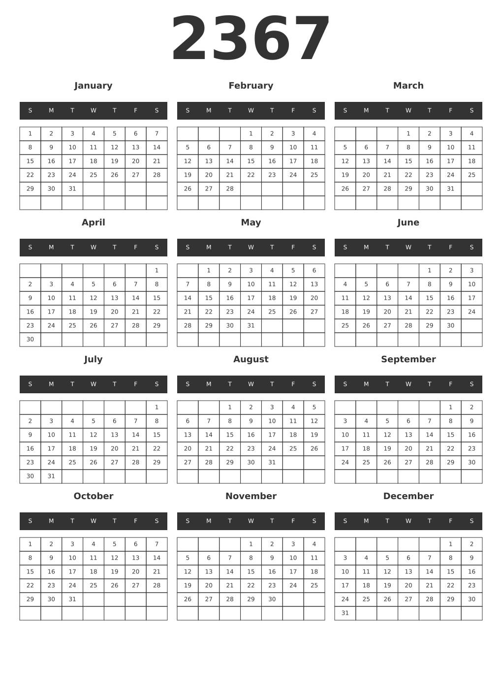 Printable 2367 Year Calendars dark