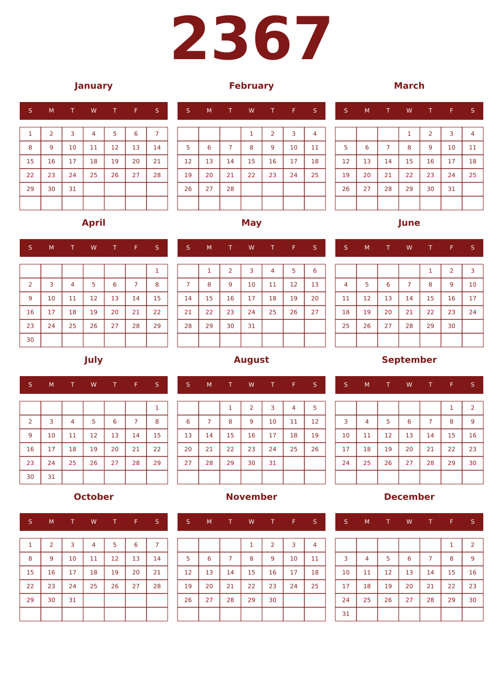 Printable 2367 Year Calendars falu