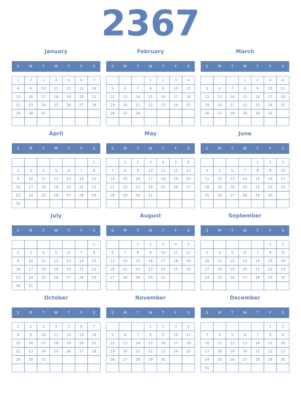 Printable 2367 Year Calendars glaucous
