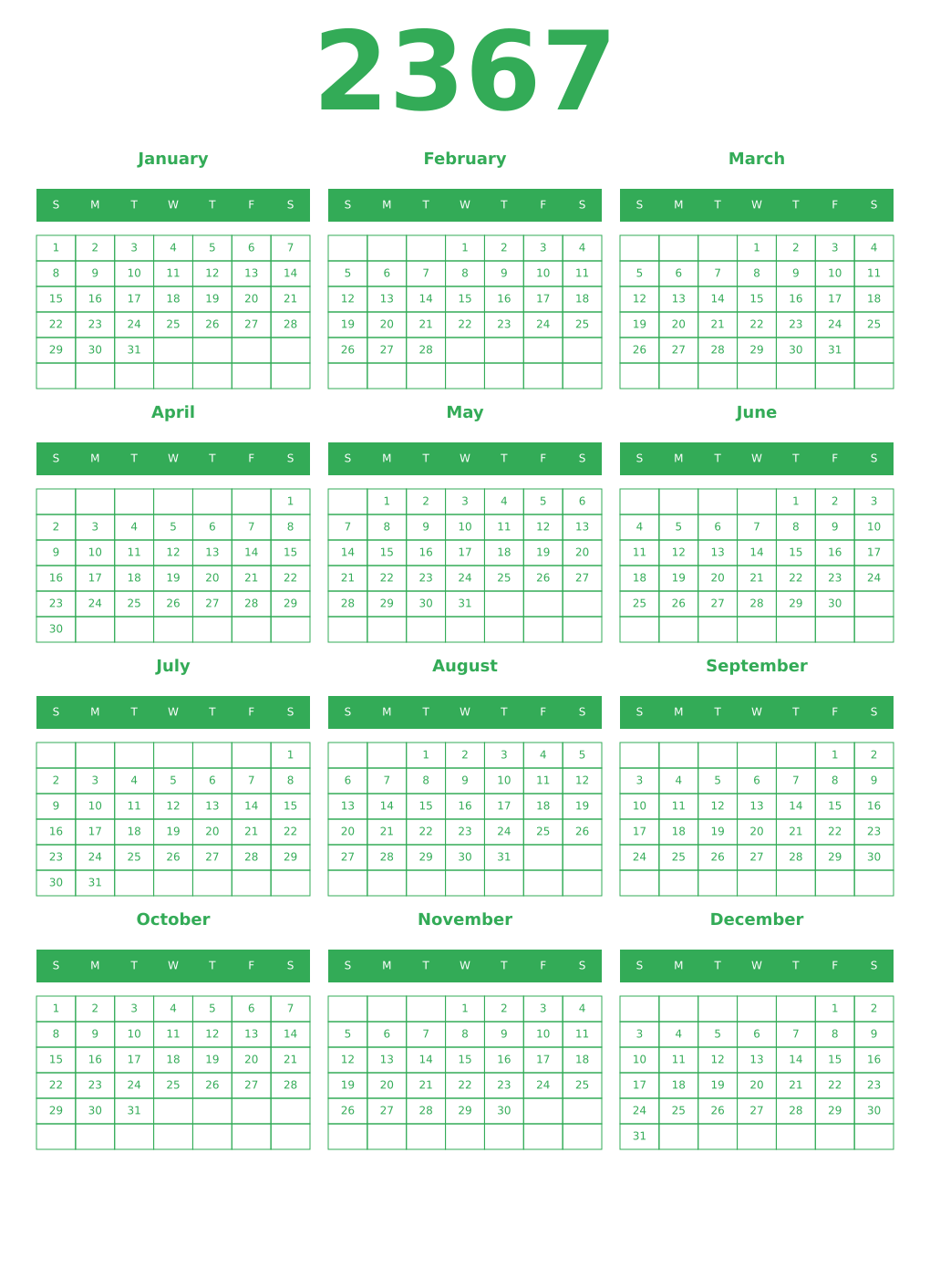 Printable 2367 Year Calendars green