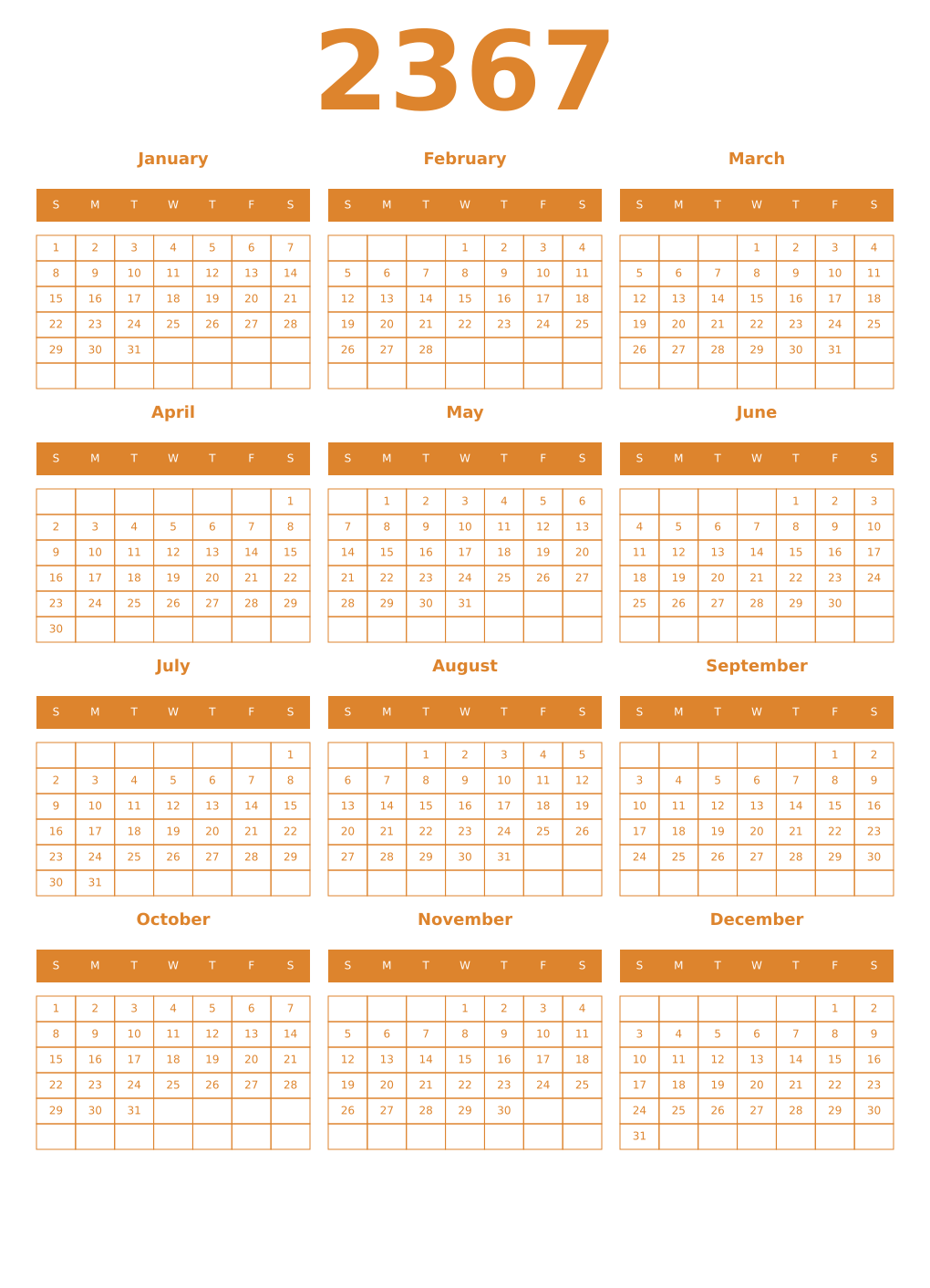Printable 2367 Year Calendars orange