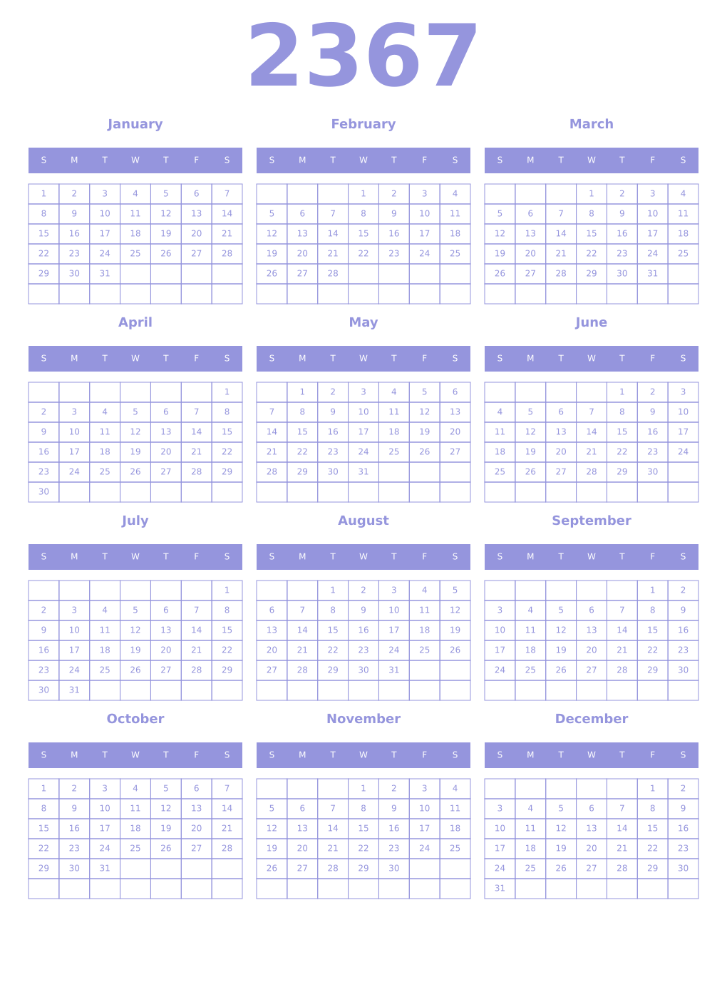 Printable 2367 Year Calendars periwinkle
