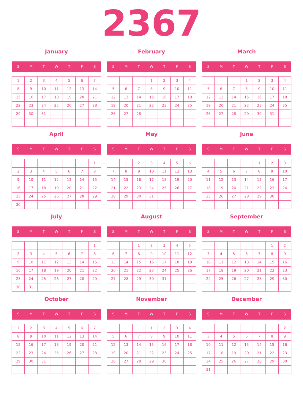 Printable 2367 Year Calendars pink