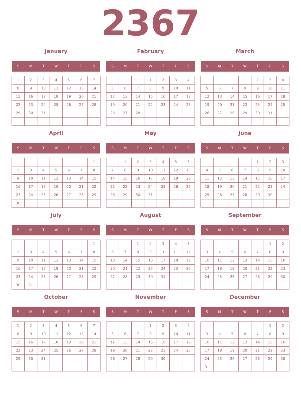Printable 2367 Year Calendars puce