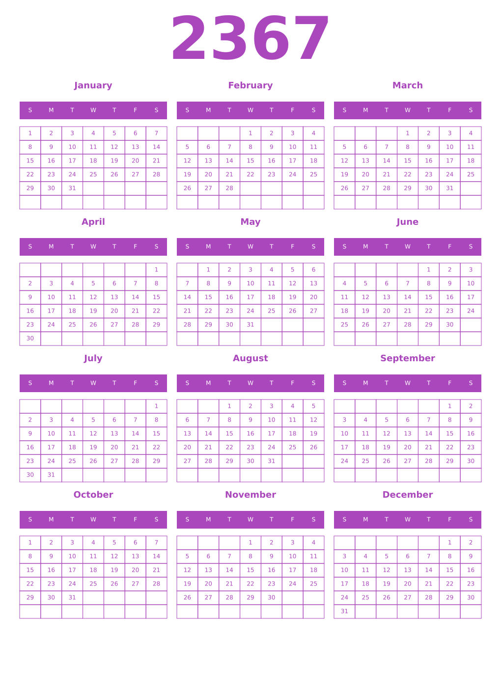 Printable 2367 Year Calendars purple
