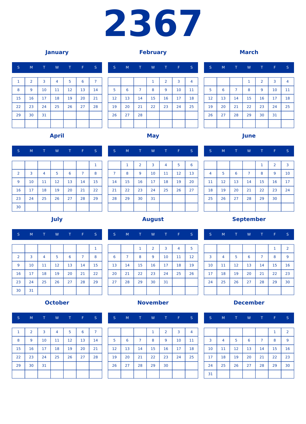 Printable 2367 Year Calendars smalt