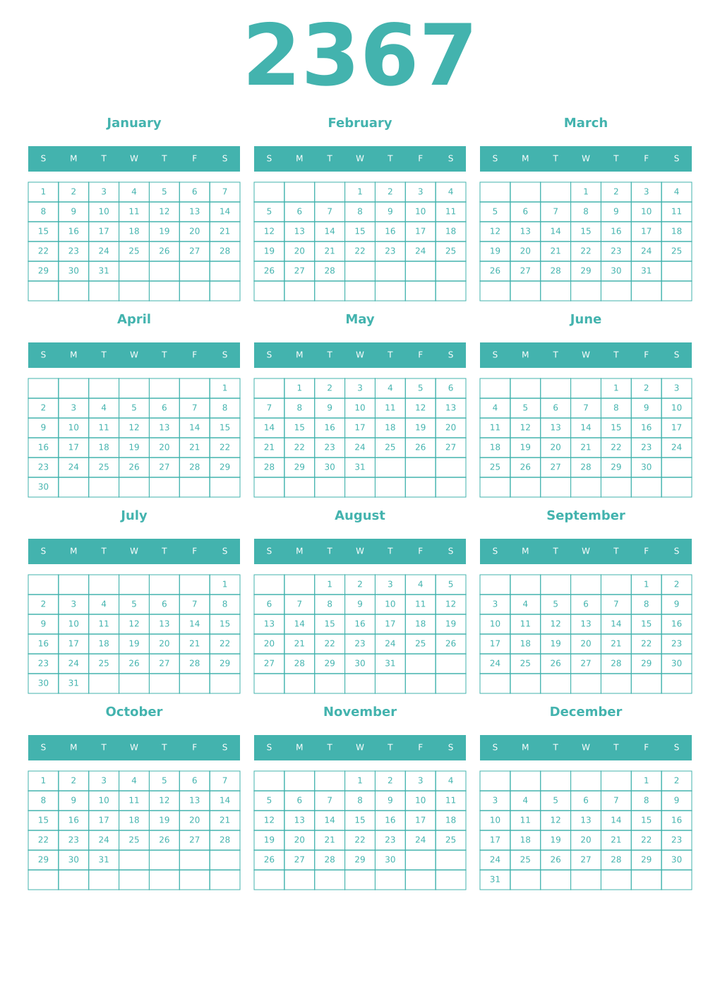 Printable 2367 Year Calendars verdigris