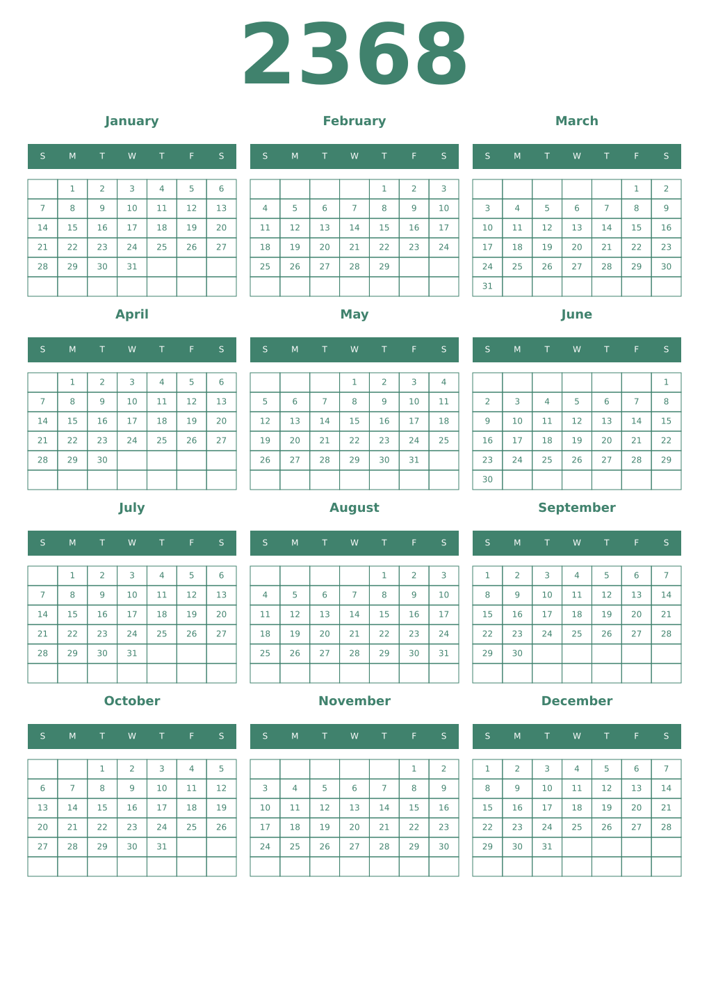 Printable 2368 Year Calendars viridian