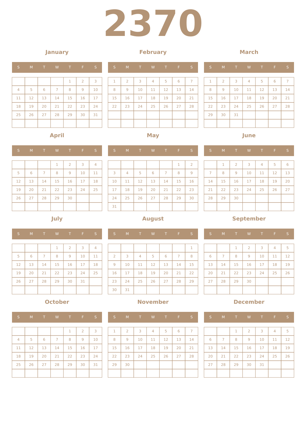 Printable 2370 Year Calendars isabelline