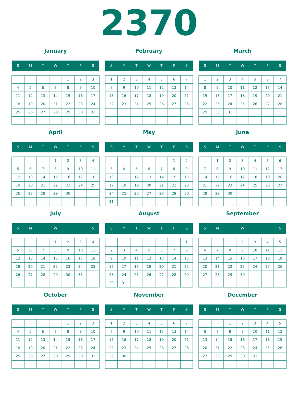Printable 2370 Year Calendars pastel