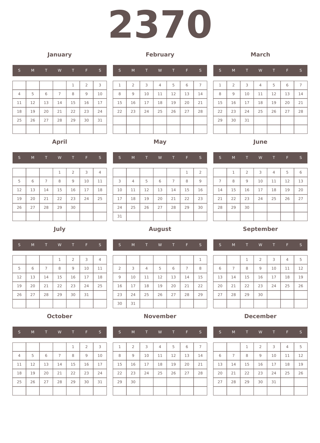 Printable 2370 Year Calendars wenge