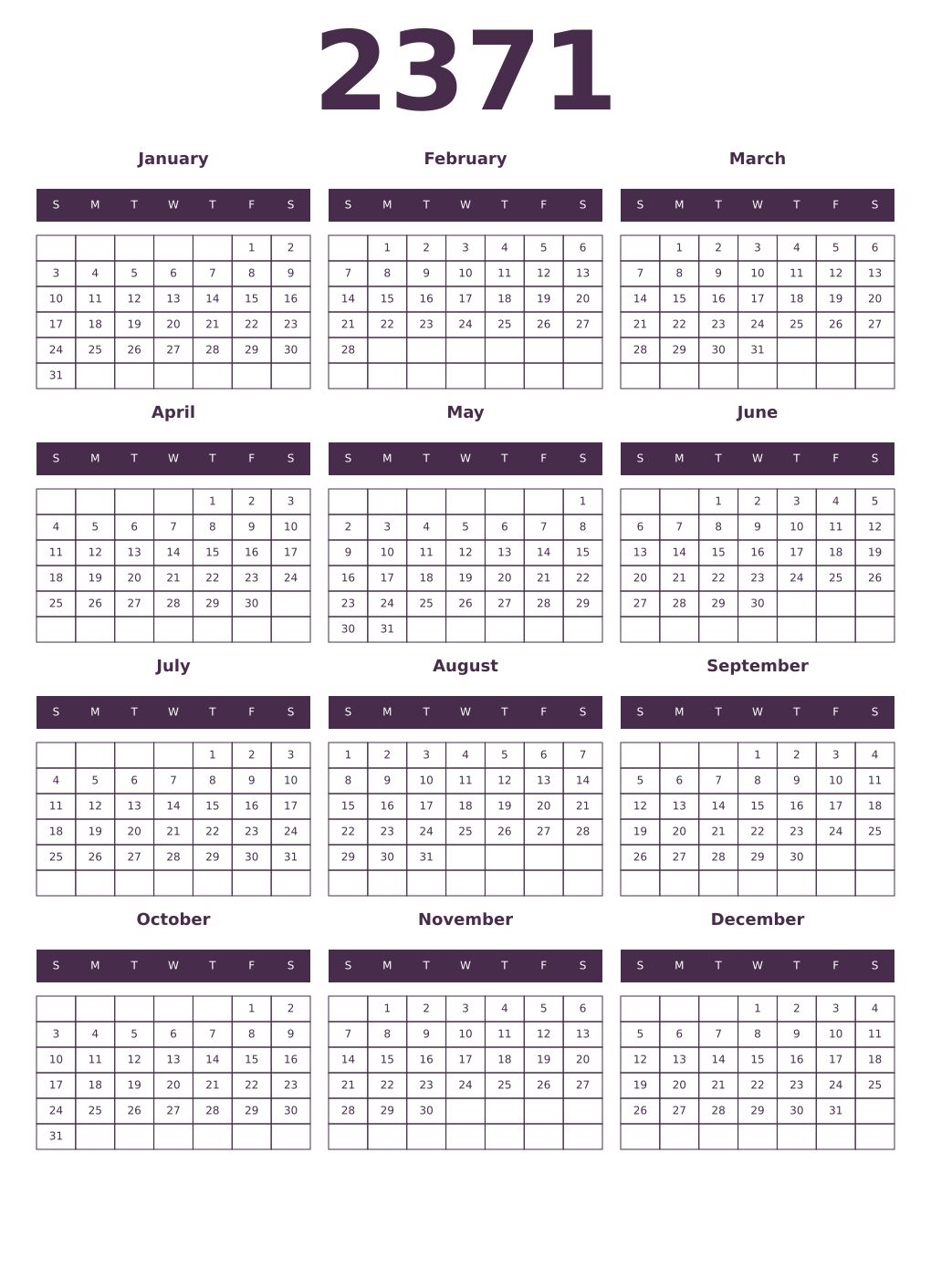 Printable 2371 Year Calendars aubergine