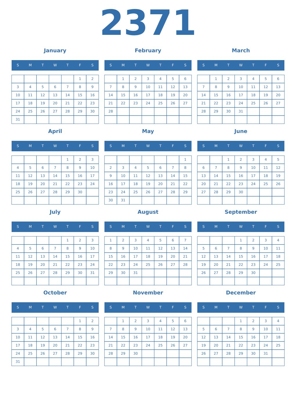 Printable 2371 Year Calendars blue