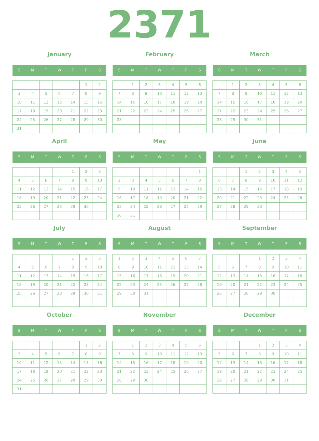Printable 2371 Year Calendars celadon