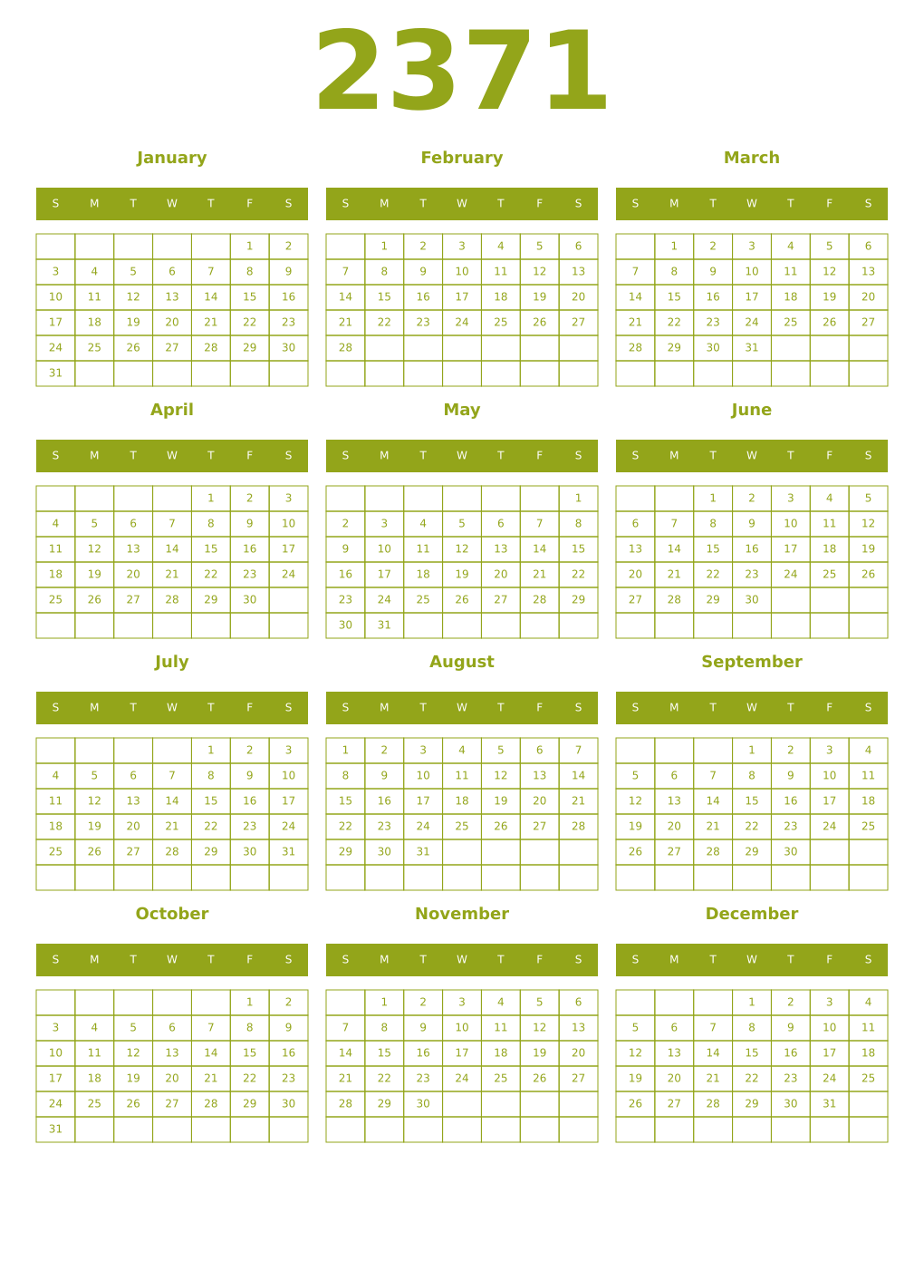 Printable 2371 Year Calendars chartreuse