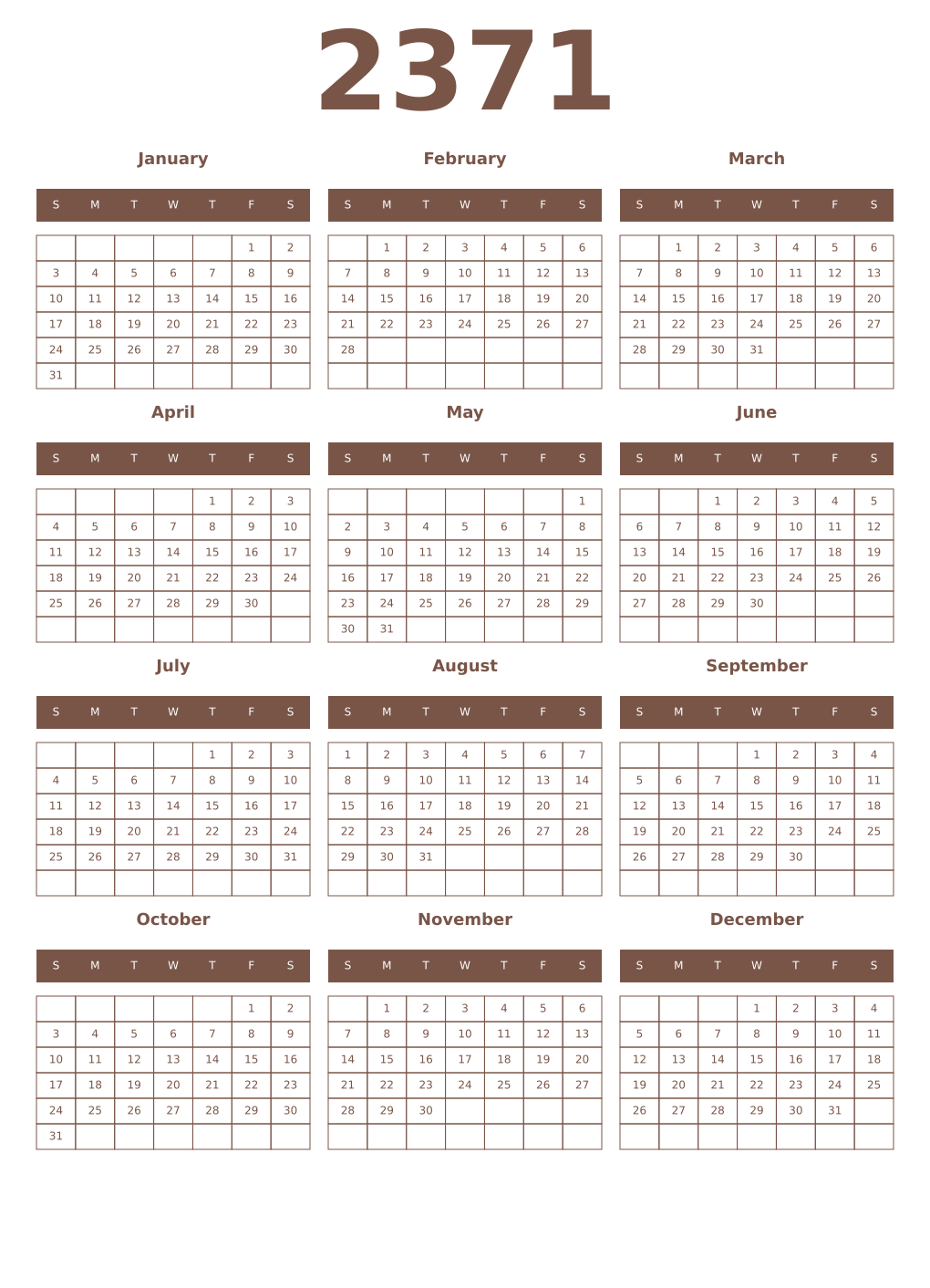 Printable 2371 Year Calendars coffe