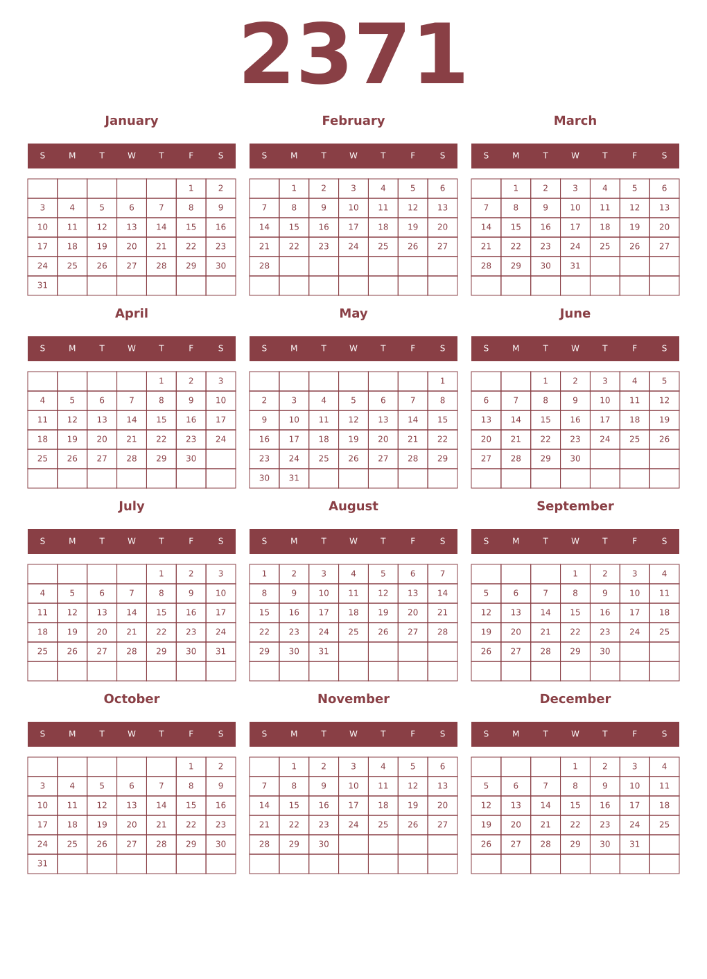 Printable 2371 Year Calendars cordovan
