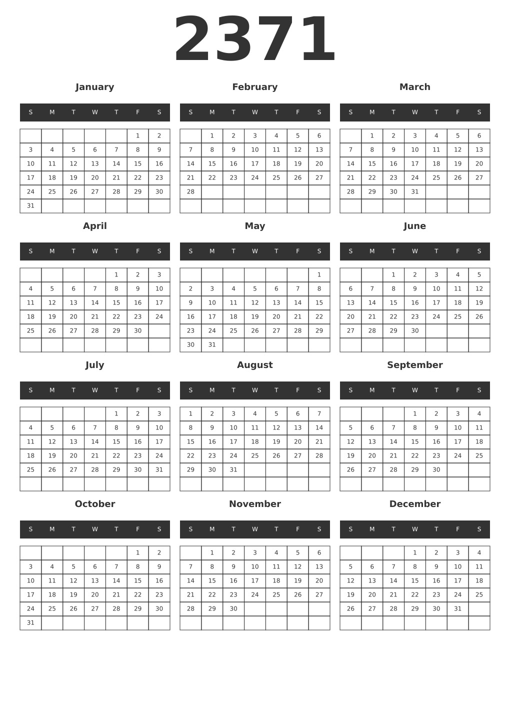 Printable 2371 Year Calendars dark