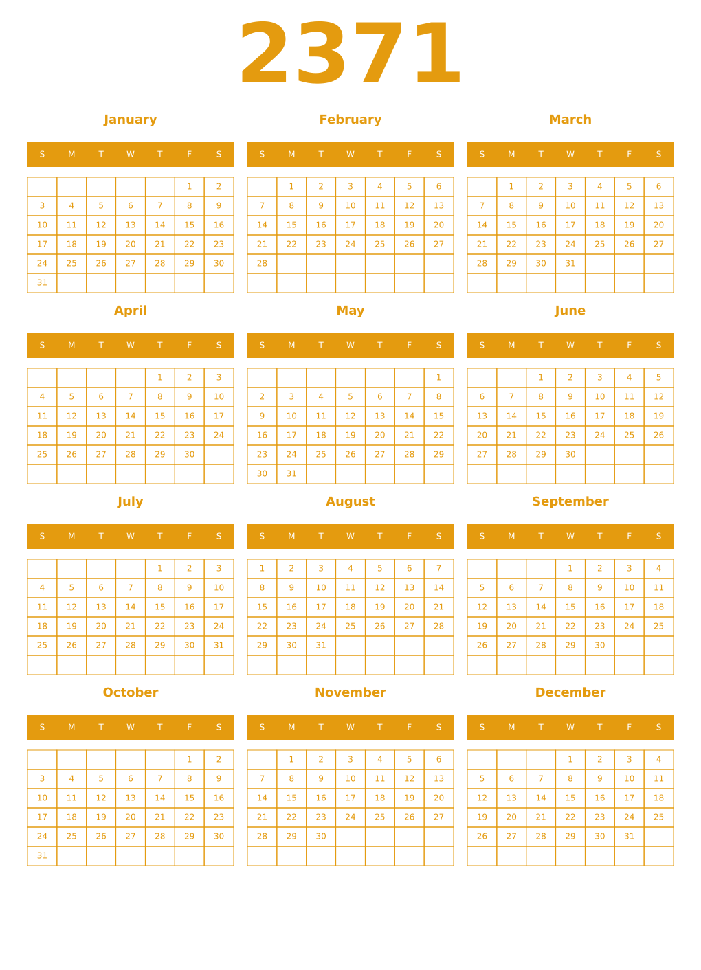 Printable 2371 Year Calendars gamboge