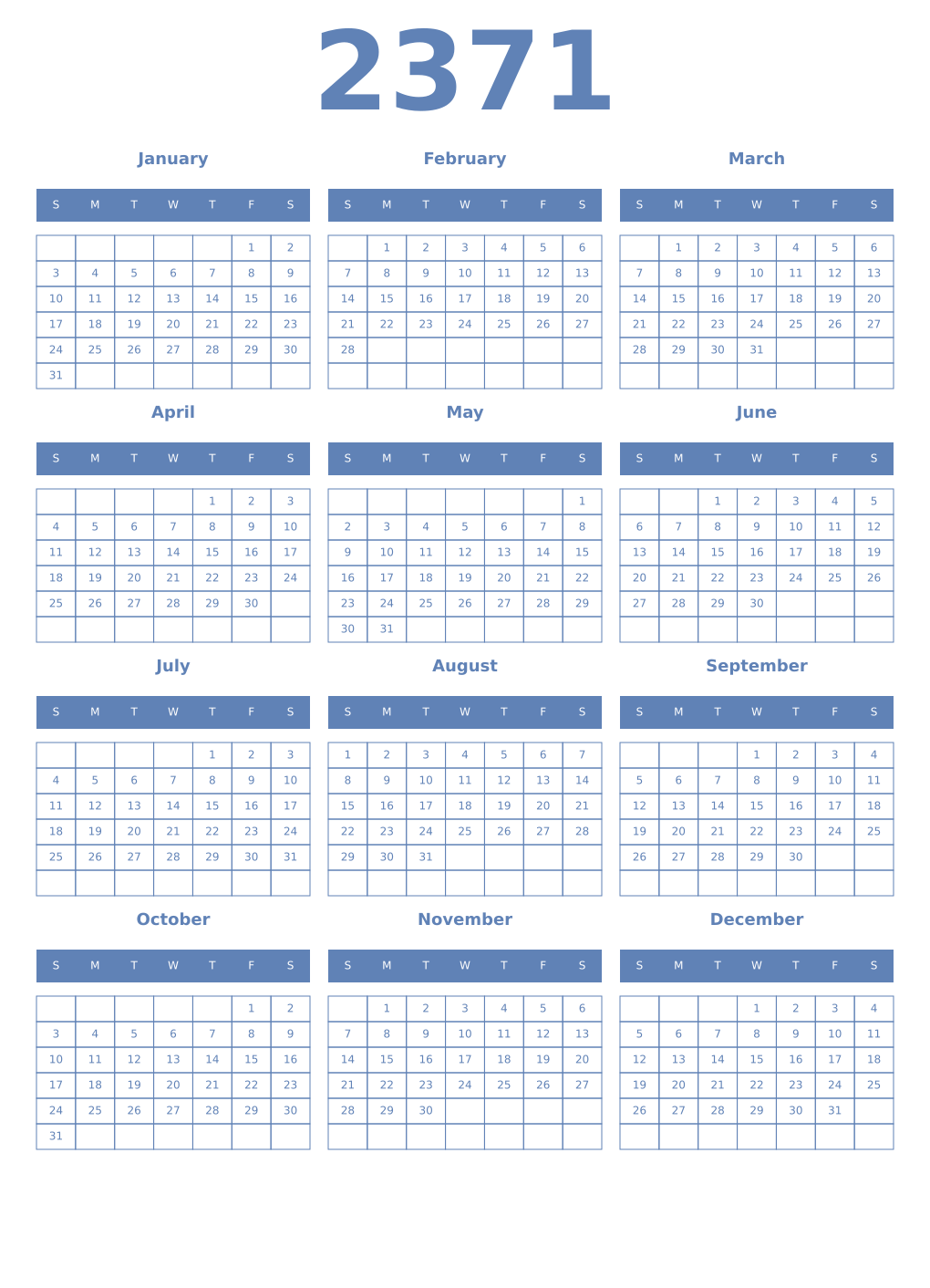 Printable 2371 Year Calendars glaucous
