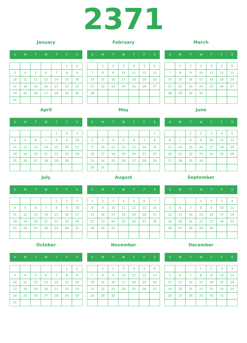 Printable 2371 Year Calendars green