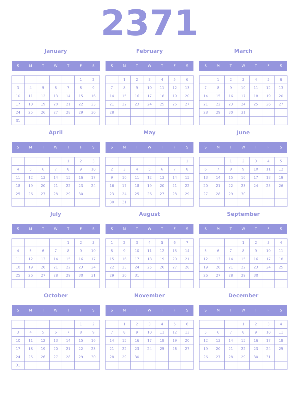 Printable 2371 Year Calendars periwinkle