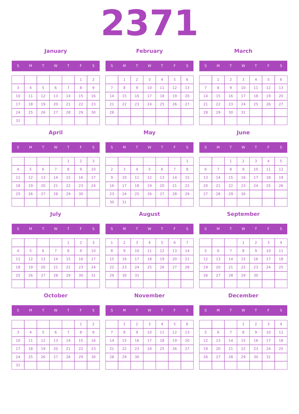 Printable 2371 Year Calendars purple