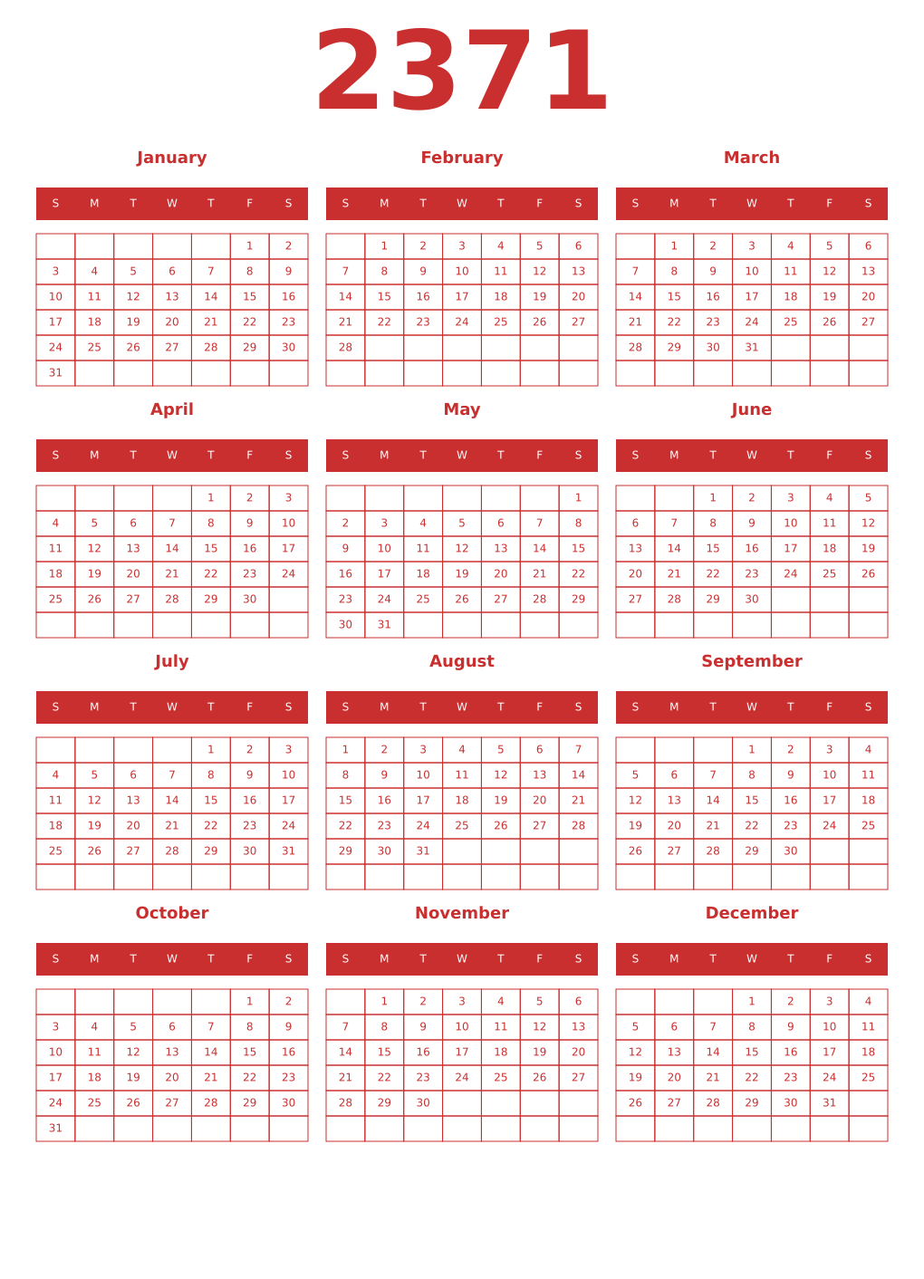 Printable 2371 Year Calendars red
