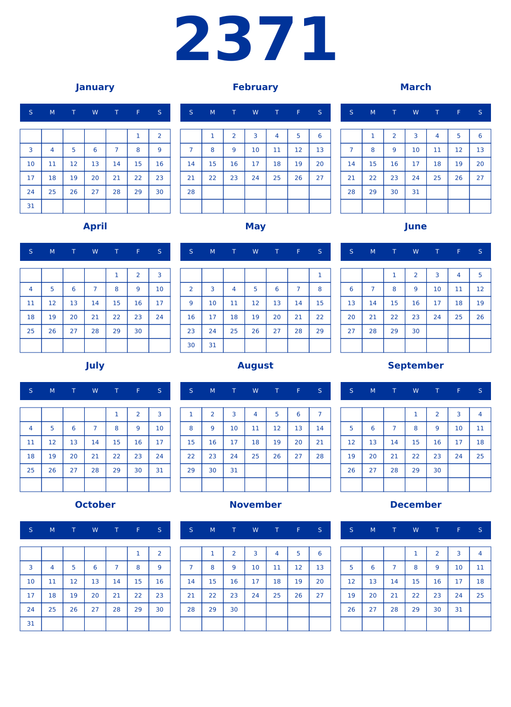 Printable 2371 Year Calendars smalt