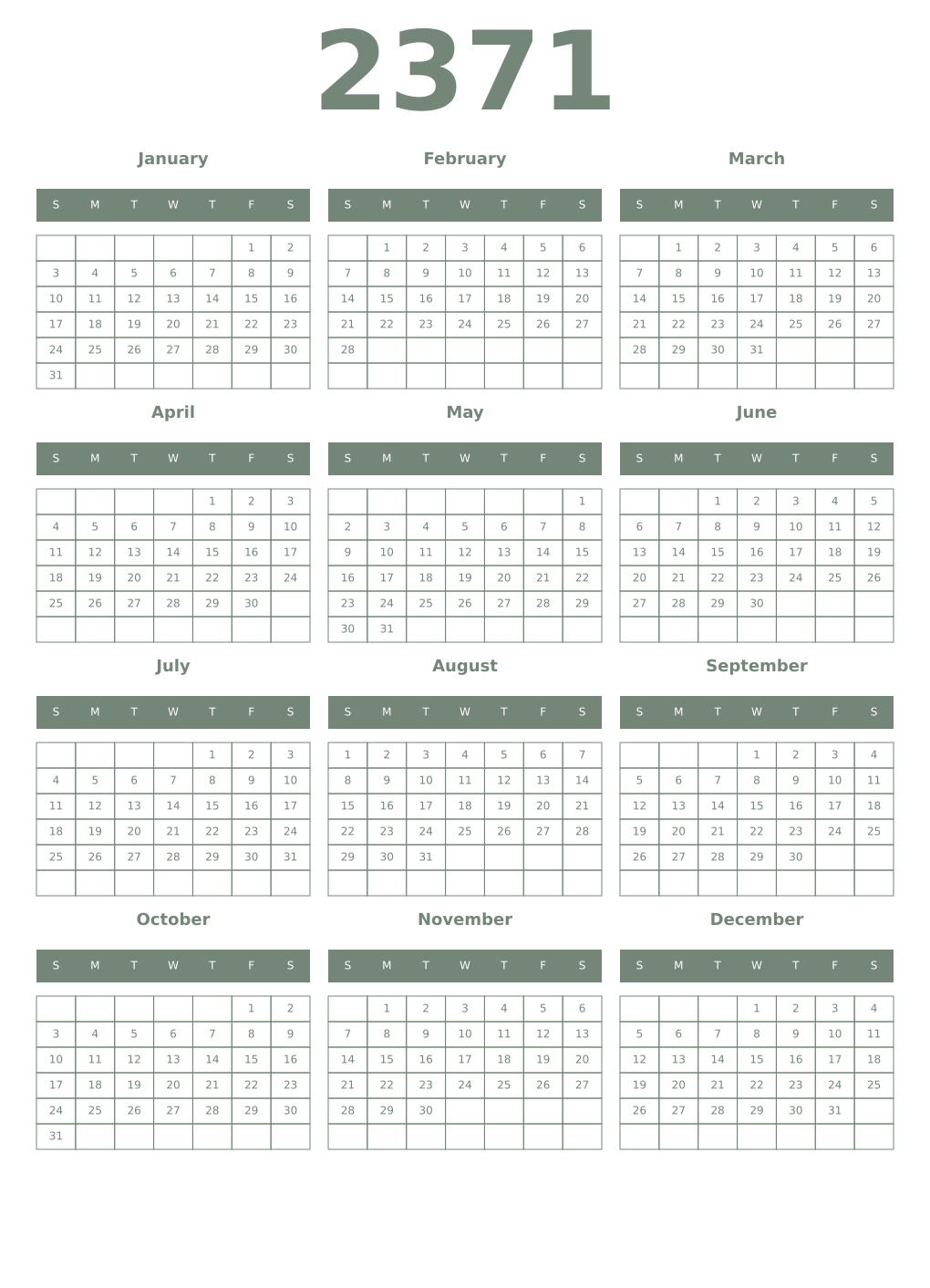 Printable 2371 Year Calendars xanadu