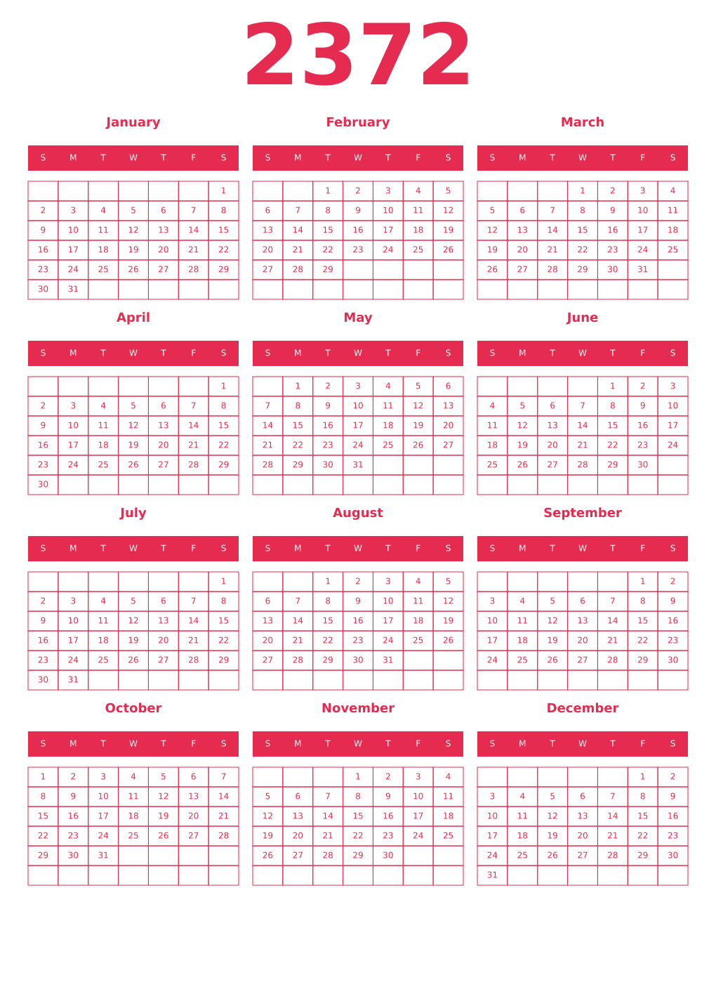 Printable 2372 Year Calendars amaranth