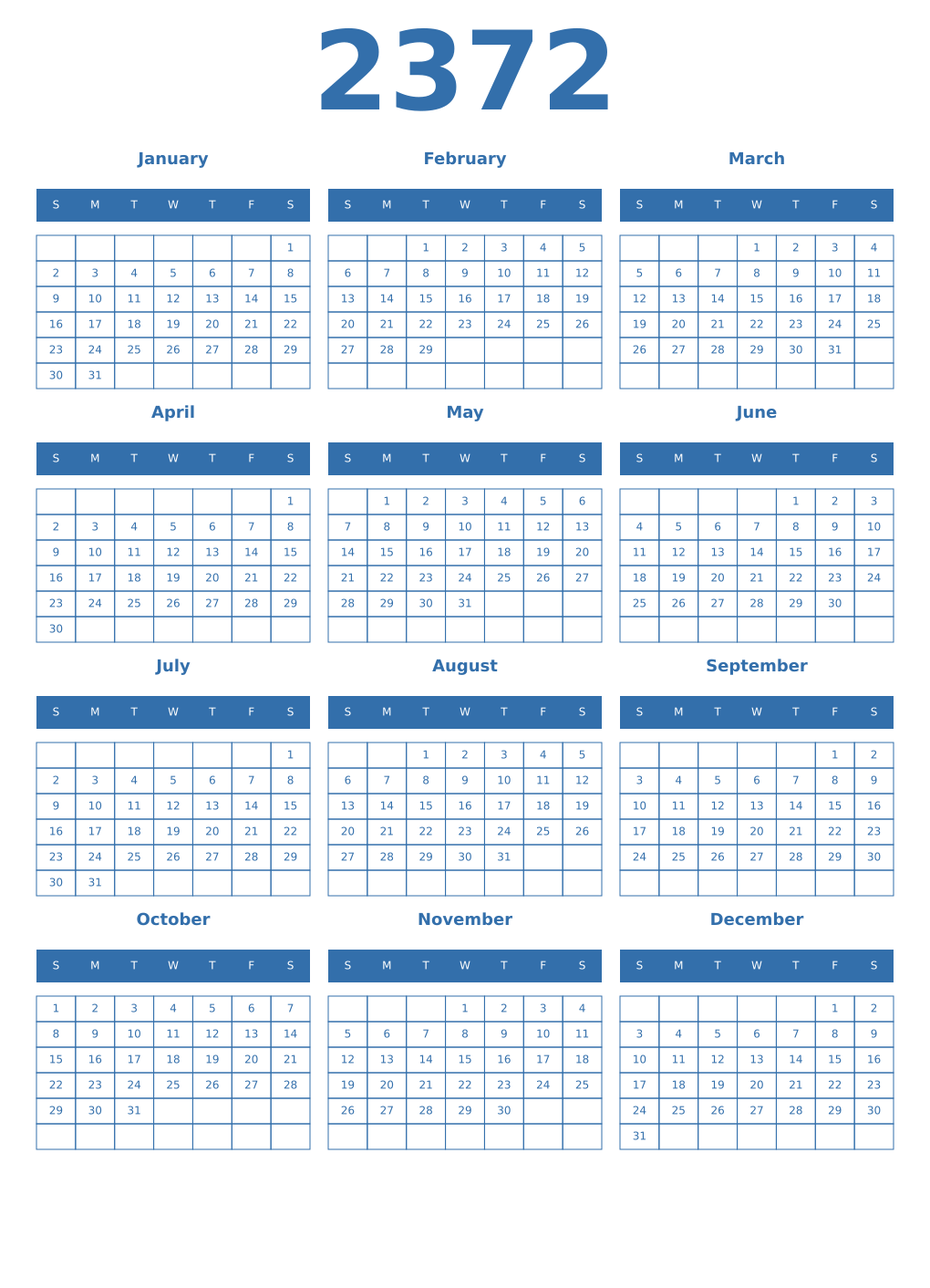 Printable 2372 Year Calendars blue