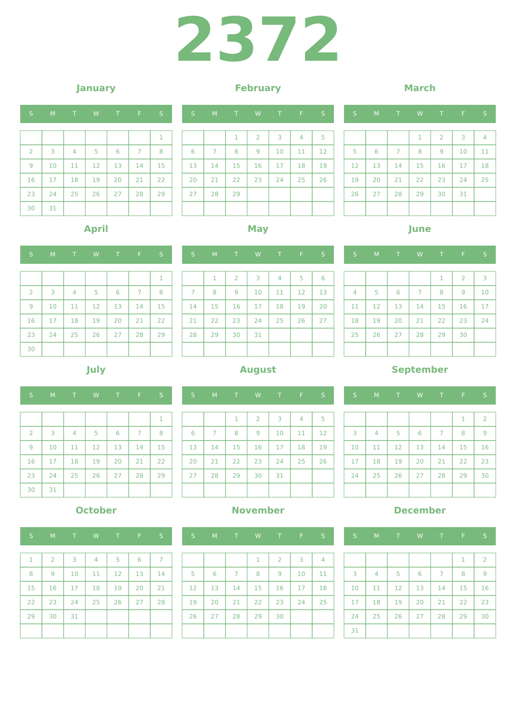 Printable 2372 Year Calendars celadon