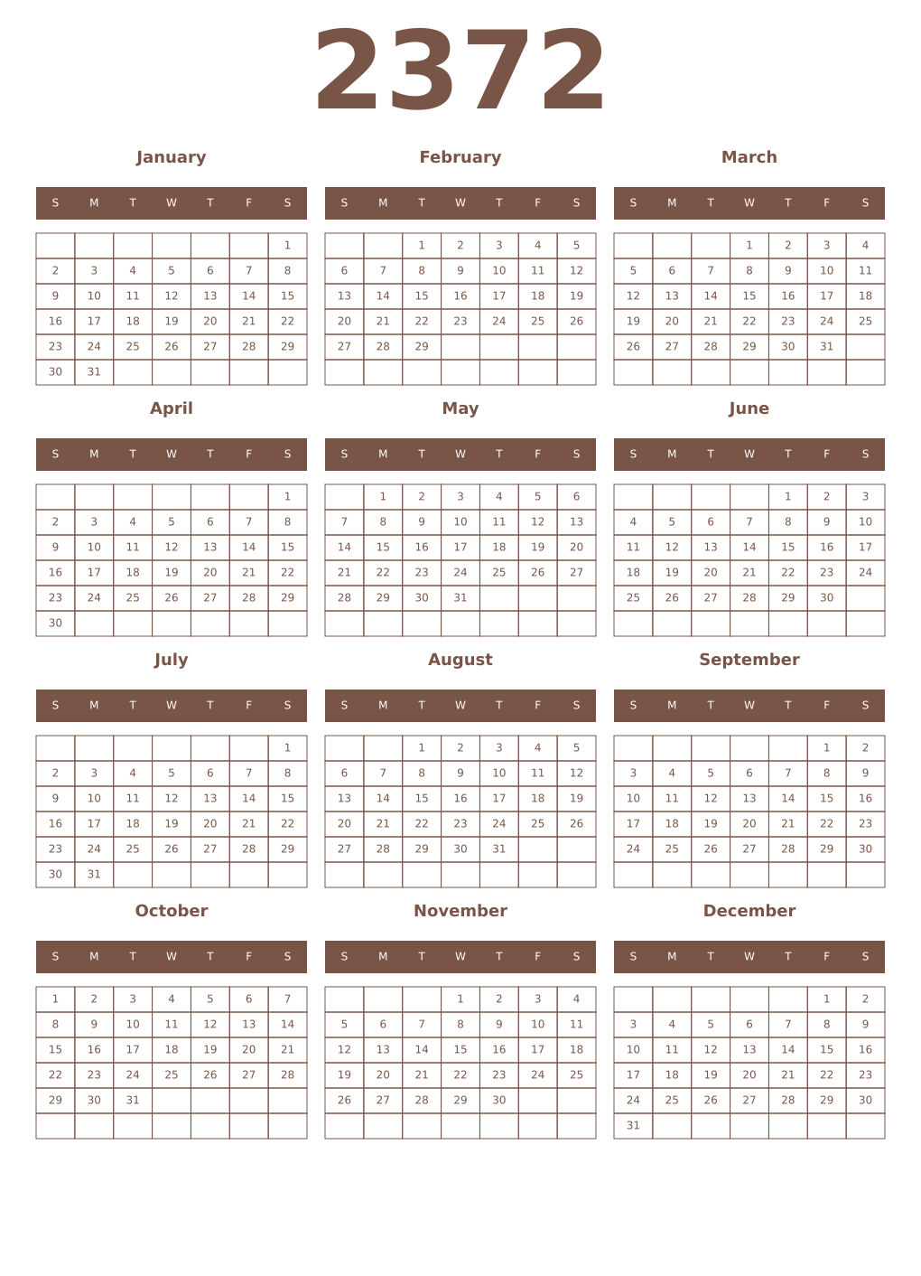 Printable 2372 Year Calendars coffe